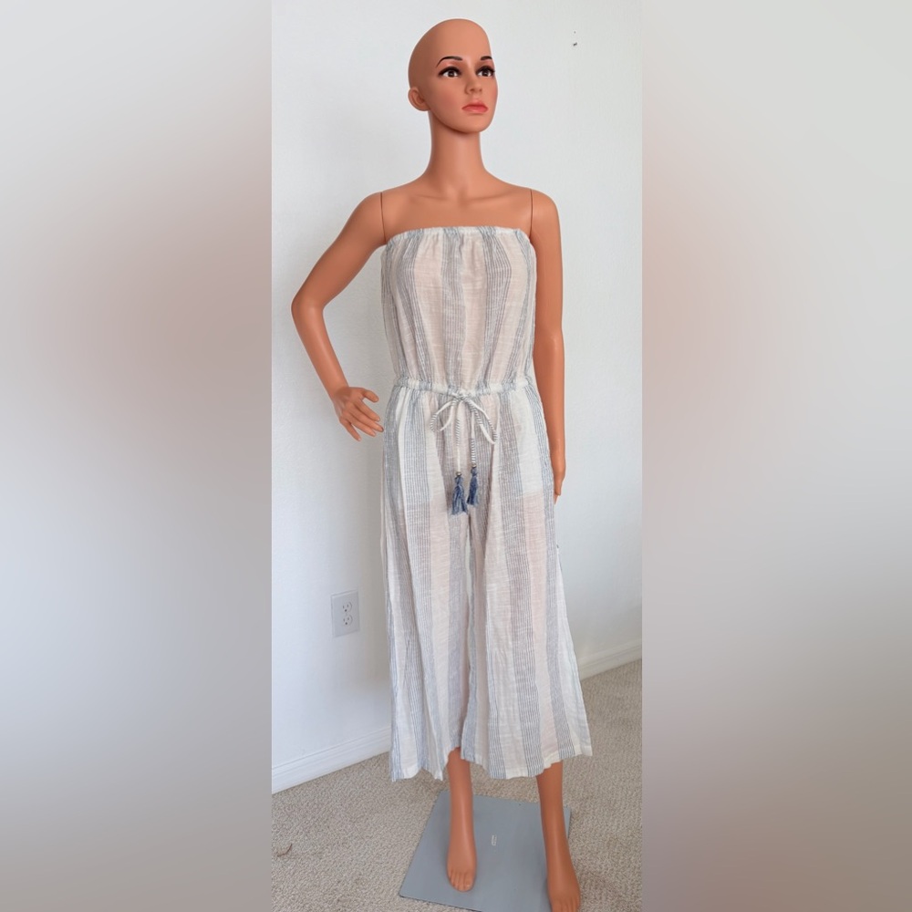 blue island Strapless Wide-Leg Jumpsuit in Beige and Light Blue Stripes